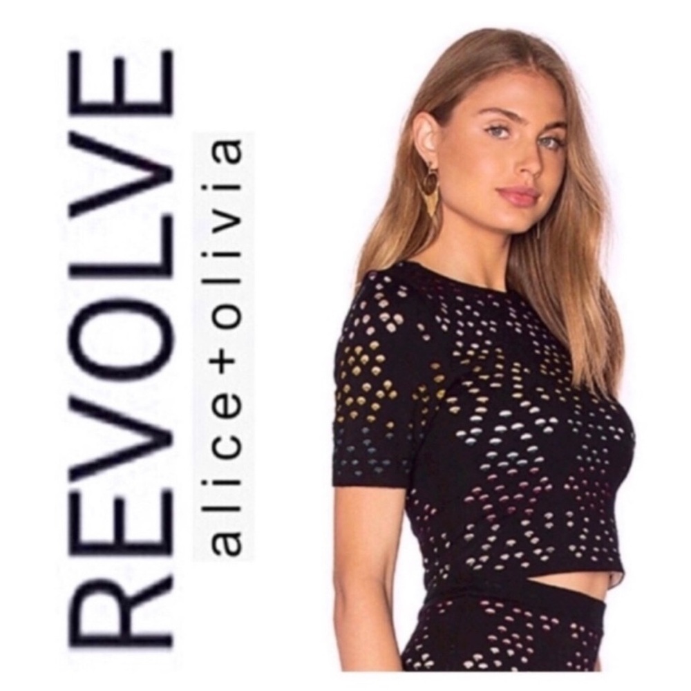 Alice + Olivia Black Crop Top with Multicolor Dot Pattern